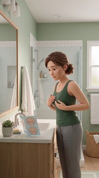 Woman performing breast self-exam in bathroom mirror