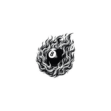 Flaming black eight ball tattoo style illustration.