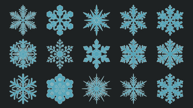 Collection de quinze flocons de neige bleus uniques isol&eacute;s sur un fond gris fonc&eacute; pour des designs hivernaux, des d&eacute;corations de No&euml;l et des projets graphiques festifs.