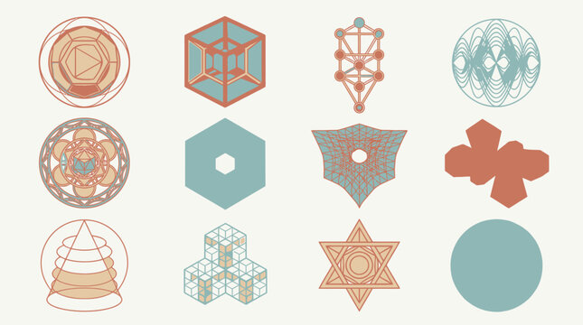 Ensemble d'ic&ocirc;nes de g&eacute;om&eacute;trie sacr&eacute;e et de formes abstraites minimalistes avec des motifs complexes, des symboles &eacute;sot&eacute;riques et des structures math&eacute;matiques sur fond clair.