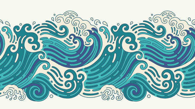 Motif d&eacute;coratif sans couture avec des vagues stylis&eacute;es dans un style japonais traditionnel, pr&eacute;sentant des courants marins bleus et des &eacute;cumes blanches sur un fond cr&egrave;me clair.