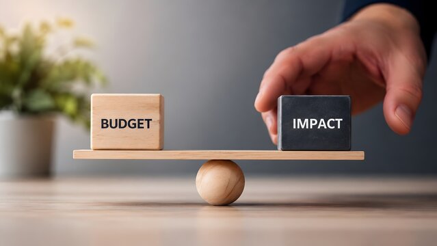 Financial strategy balancing budget and impact on wooden seesaw representing cost effectiveness and business resource allocation
