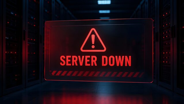 Server down warning alert notification glowing red in dark data center representing system failure and network outage