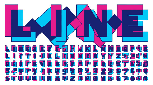 Alphabet complet et chiffres avec un style typographique g&eacute;om&eacute;trique moderne utilisant des couleurs vives rose, bleu et bleu marine pour un design graphique dynamique et cr&eacute;atif.