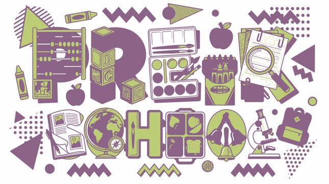Illustration typographique cr&eacute;ative avec le mot Pr&eacute;scolaire int&eacute;grant des ic&ocirc;nes scolaires comme un globe, un microscope, des crayons et des blocs de construction dans un style plat.