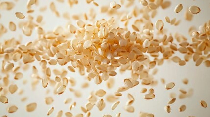 Obraz premium light beige seeds suspended and scattering in midair over a pale background, conveying dynamic airy motion