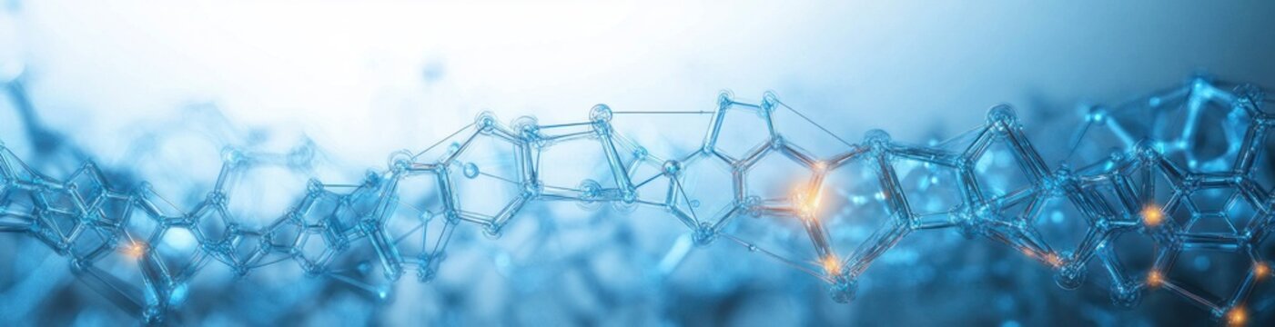 glowing blue molecular chain of interconnected hexagonal bonds with warm orange nodes, a futuristic scientific network conveying sleek dynamic energy