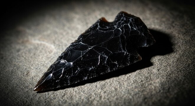 Ancient Obsidian Arrowhead on Textured Surface
