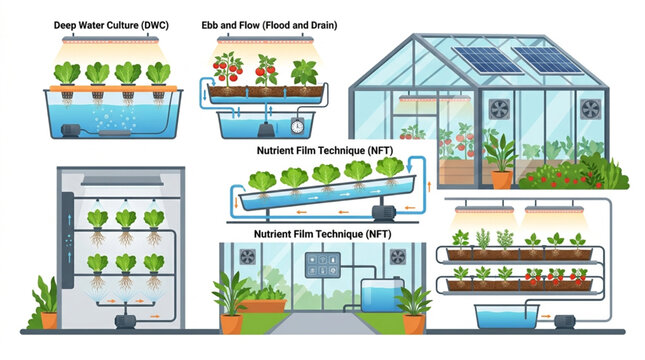 Illustration comparing various hydroponic farming systems including DWC, Ebb and Flow, and NFT, set within greenhouses and indoor vertical farms
