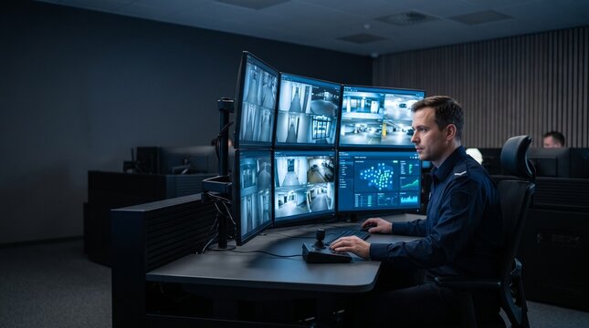 Security officer monitoring CCTV. Guard watching digital surveillance. Pro