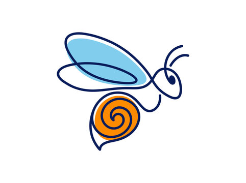 Minimalist Bee Logo Design, Modern Continuous Line Art Insect Illustration with Blue and Orange Details