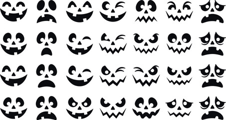 Fototapeta premium Halloween jack o lantern scary and funny pumpkin faces silhouette stencil collection vector set