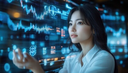 Obraz premium focused woman with obscured face interacting with glowing blue holographic financial charts and data visualizations, thoughtful and analytical