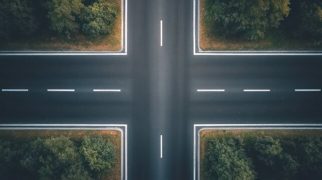 aerial top-down view of an empty four-way road intersection with lane markings surrounded by dense trees and grass, symmetrical calm and quiet atmosphere