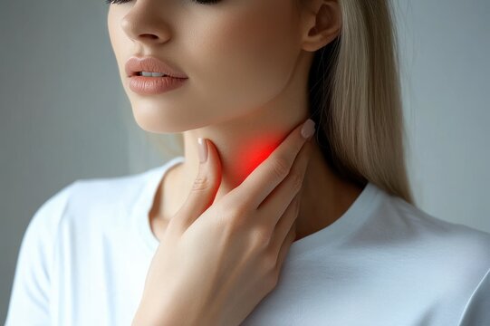 young blonde woman in a white t-shirt holding her throat with her hand, red highlighted area indicating pain, partial face obscured, looking uncomfortable and concerned