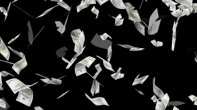 Money Falling - Dollar bills falling down from the sky.Money falling dollar banknotes on a transparent background.US dollar banknotes flying in super slow motion against black background.