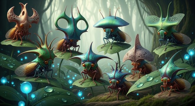 Whimsical Alien Insects Gathering in a Dew-Kissed Magical Forest