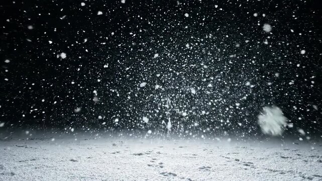 Snowfall in Night Sky with Falling Snowflakes.
