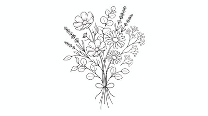 Wildflower bouquet line art vector, hand drawn floral arrangement with lavender and eucalyptus, botanical sketch for wedding invitations and greeting cards © Dream Time Studio