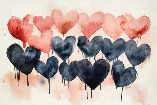 row of pink and red watercolor hearts above dripping dark blue hearts conveying love, sorrow and bittersweet emotion