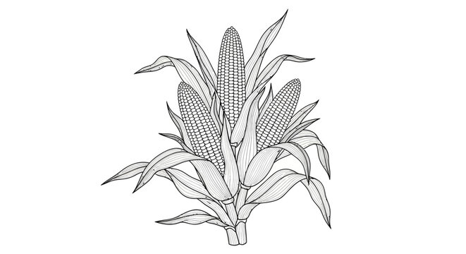 Hand-drawn illustration of a corn stalk with multiple ears of corn and leaves, black and white sketch.