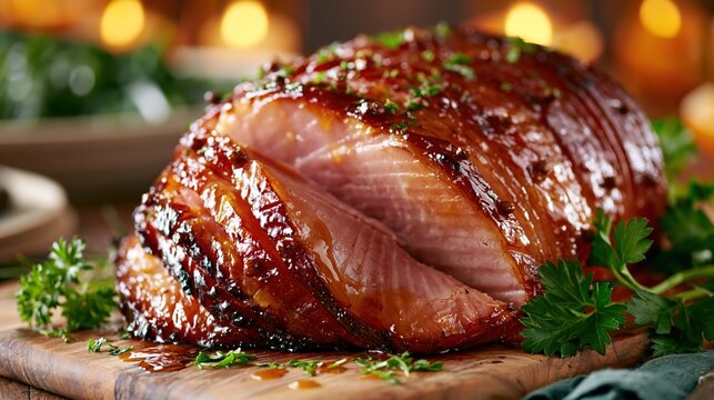 Close-up of a glazed holiday ham, sliced and garnished with fresh herbs, served on a festive dinner table.