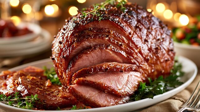 Close-up of a glazed holiday ham, sliced and garnished with fresh herbs, served on a festive dinner table.