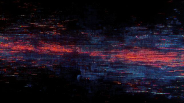 Glitching horizontal band of pixelated red and blue neon light across a dark void, dynamic and tense digital noise and fragmented data stream