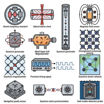 Set of quantum technology instruments and advanced sensors flat vector illustration for scientific research and future tech concepts isolated on white