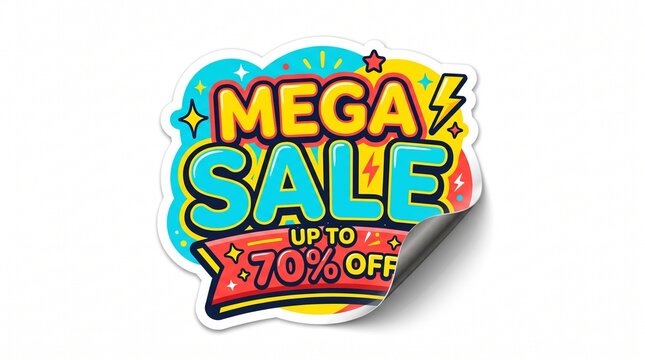 A mega sale advertisement sticker with colorful text and graphics peeled back on a white background
