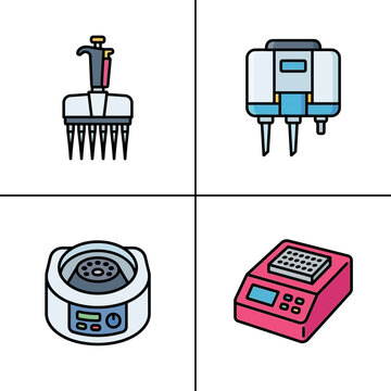 Laboratory Equipment Icons: Pipette, Centrifuge, PCR Machine, and Dispenser