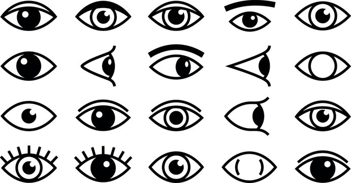 Human eye line icons set showing different viewing angles eyelashes side look and vision symbols
