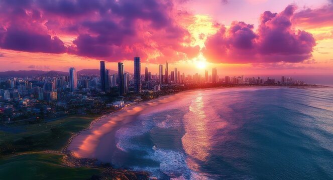 vibrant purple-orange sunset over a curved sandy beach and rolling ocean waves beside a modern skyline of glass skyscrapers with dramatic clouds and glowing sun reflection, serene awe