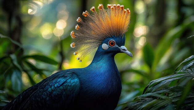 close-up of a regal blue crested pigeon with orange-tipped crown and red eye, perched among lush green tropical foliage, serene and majestic