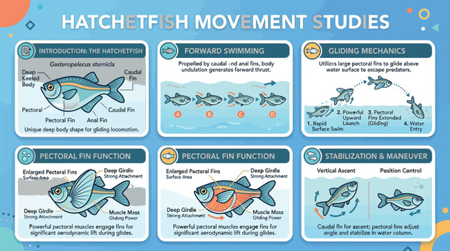 Educational infographic showing hatchetfish movement studies with pectoral fin function and gliding mechanics