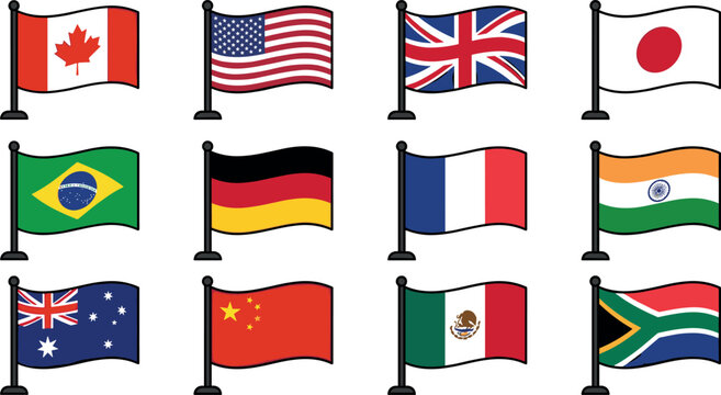World flags vector set featuring nations canada usa united kingdom japan brazil germany france india australia china mexico and south africa