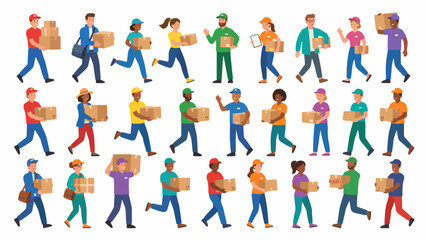 Fototapeta premium Diverse group of people carrying packages and delivering goods, representing logistics and courier services