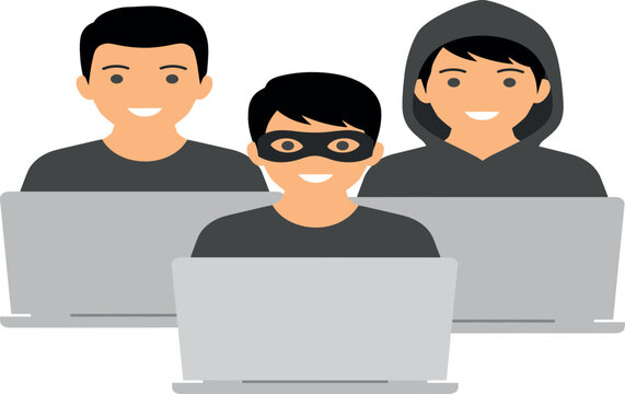 Cyber hacker group vector illustration with laptop computers for online security, data fraud, and internet safety designs
