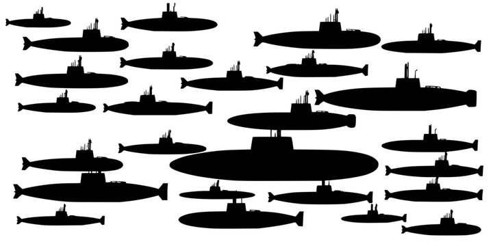 Collection of 24 black silhouette submarines arranged in a 6x4 grid on a white background, showcasing various designs and sizes. The submarines are depicted in a minimalist, vector illustration sty...