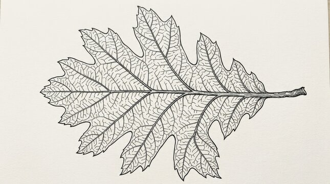 Detailed botanical line art drawing of an oak leaf with intricate venation, scientific illustration in a vintage monochrome style.