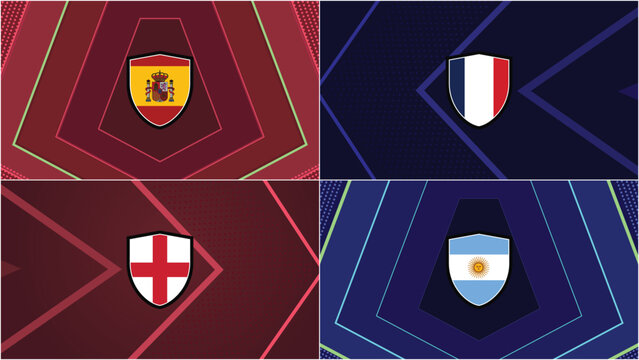 Football Semifinal Team Shield Badges France Spain England Argentina on Dark Neon Background for Soccer Tournament Design