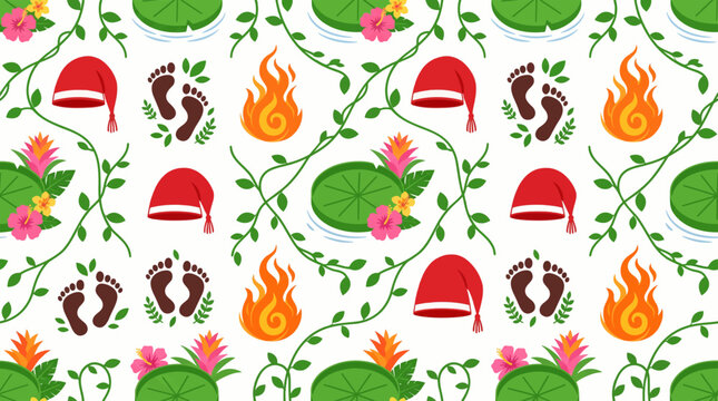 Brazilian folklore seamless pattern with Saci hat Curupira footprints, Boitata flames and tropical leaves background