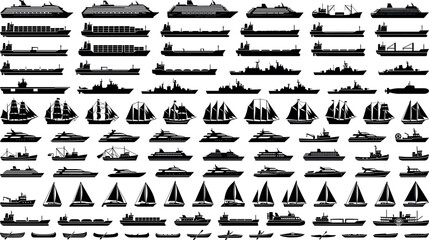Large collection of ship and boat silhouettes including cruise liners warships sailboats and yachts © Imran