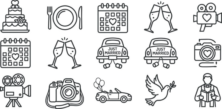 Wedding and marriage line icons set featuring cake calendar champagne car camera dove and priest