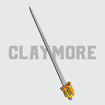 Historical Scottish Basket-Hilted Claymore Sword Vector Illustration with Ornate Golden Hilt