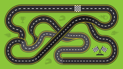 Fototapeta premium Top-Down Winding Race Track Vector Illustration with Checkered Flags