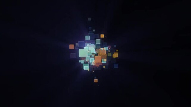 Abstract colorful glowing square particles exploding with bright light rays on dark background loop animation