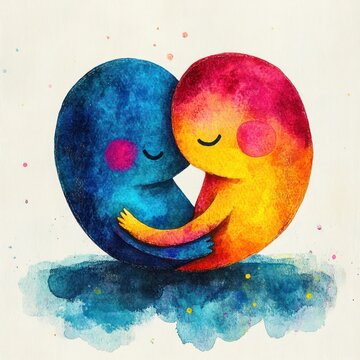 two watercolor bean-shaped figures embracing to form a heart, one blue and one orange-red, with closed eyes and rosy cheeks conveying tender loving harmony on textured paper