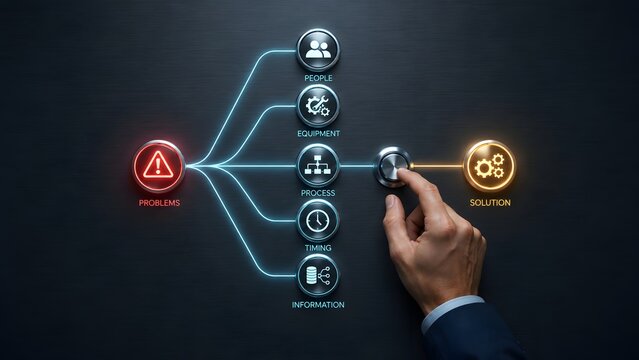 Hand turning dial from problem to solution through systematic variables like people process and equipment
