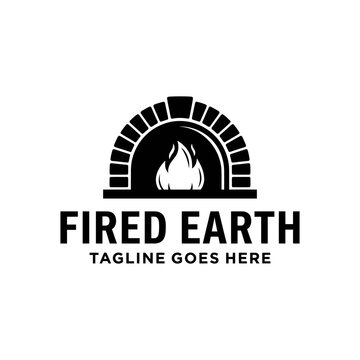 Stone brick oven with internal fire flame logo.